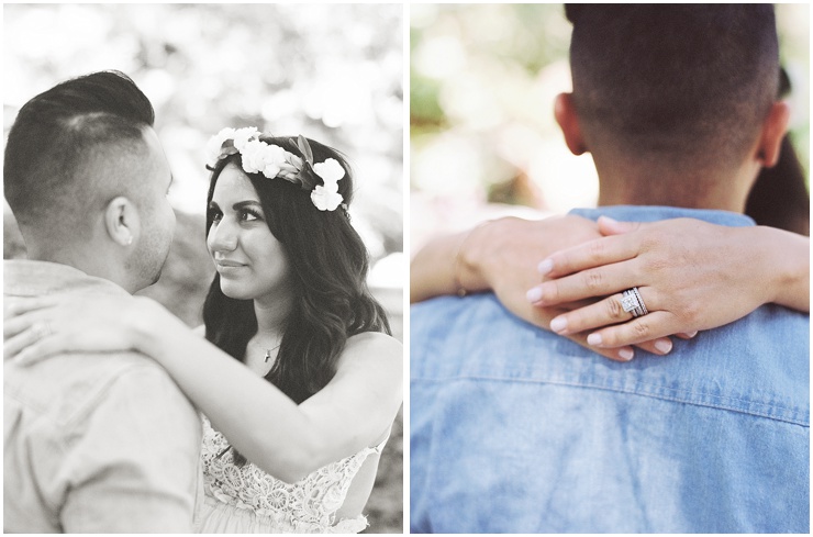 Images of a couple's wedding rings during their maternity session at Calamigos Ranch.