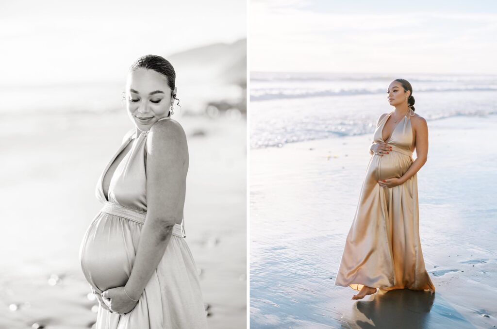 A mother to be walks on the beach in Malibu wearing a beautiful gold dress.
