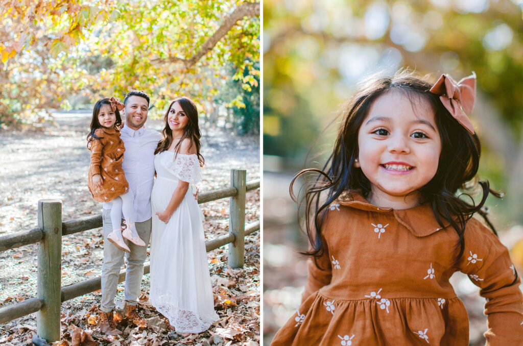 A family surrounded by yellow and orange fall leaves demonstrates what to wear for fall family photo outfit ideas by Ventura County photographer Daniele Rose.