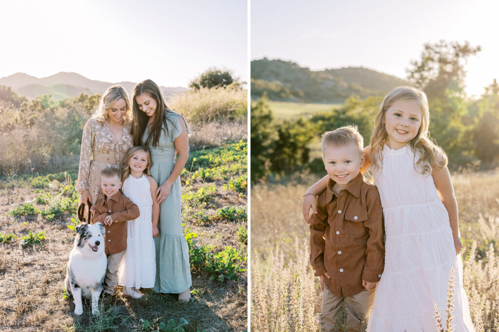 A family snuggles with their dog in a golden field during their fall family portraits in Ventura County.