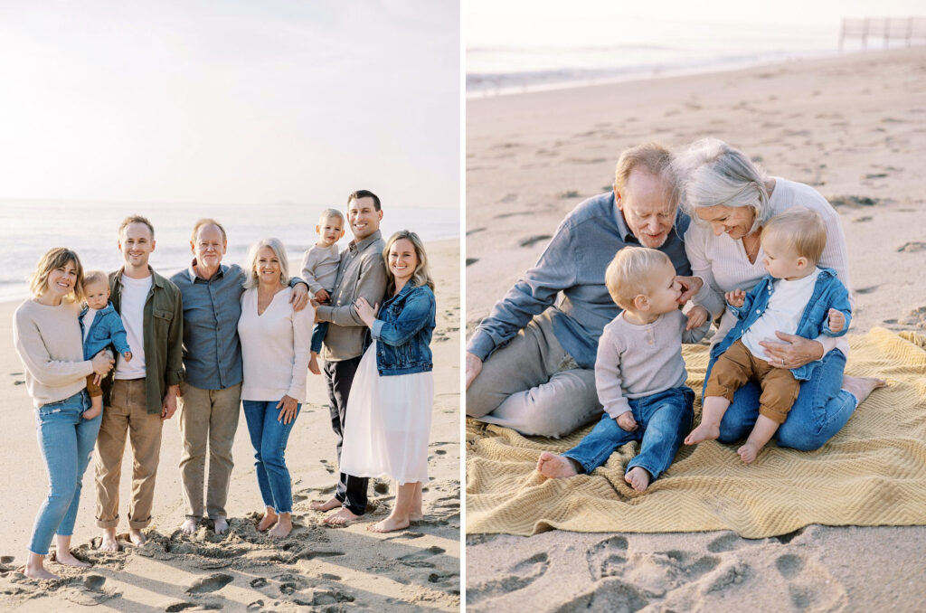 An extended family poses on the beach in creams and denim demonstrating perfect fall family photo outfit ideas.