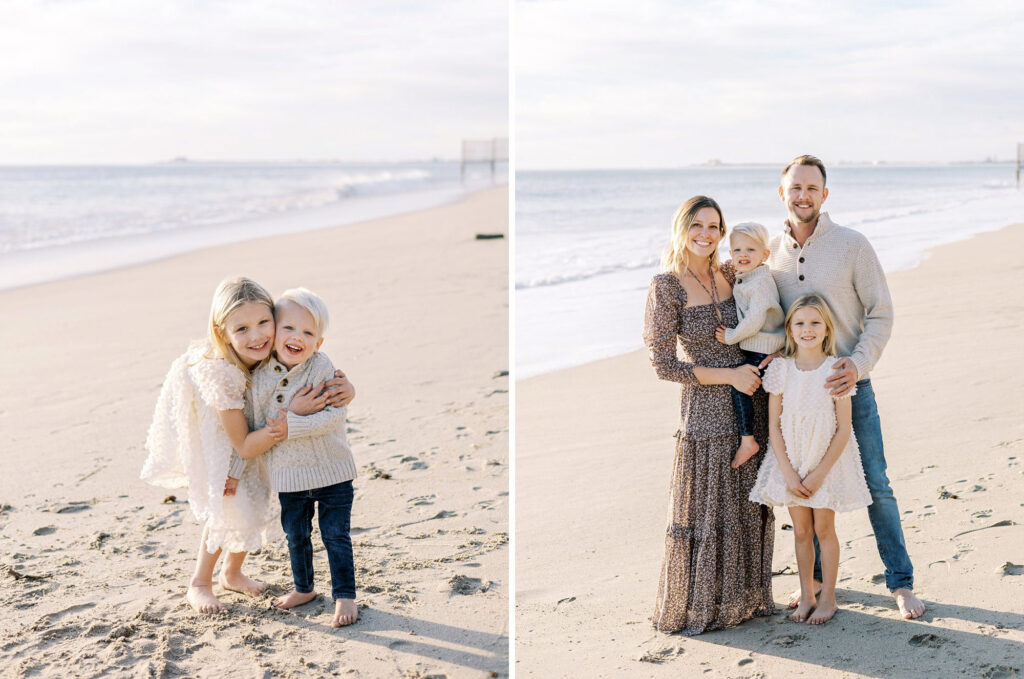 A fall family portrait beach session with the mom in a brown print maxi dress, the dad and son in cream knit sweaters, and the daughter in a textured cream dress are great examples for fall family photo outfit ideas.