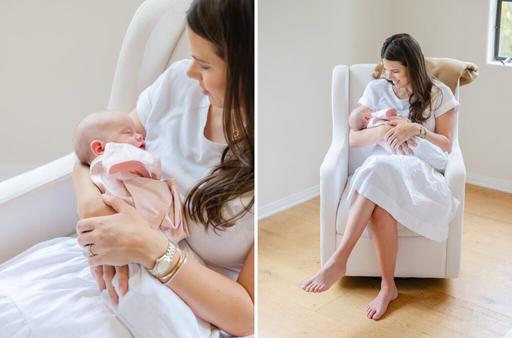 A mom rocks her newborn baby girl in a rocking chair during a lifestyle newborn photography session in their home.