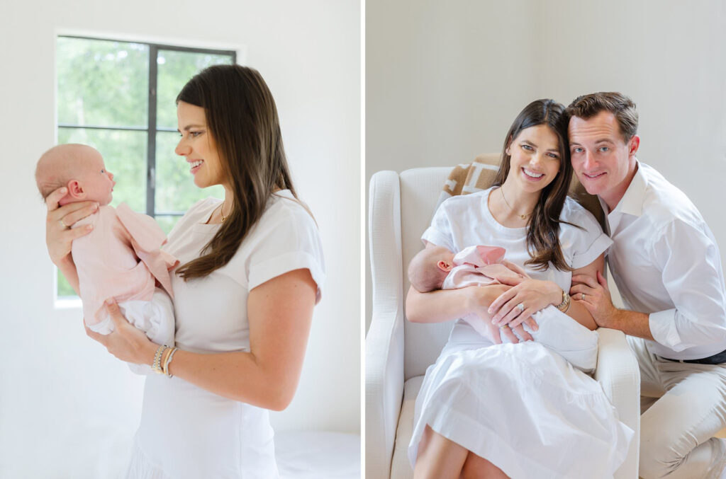 A mom and dad dressed in white snuggle their new baby in front of a beautiful window in their home in Los Angeles.