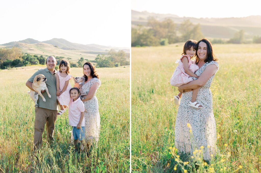 Family of four walking through tall grass field in coordinated casual outfits