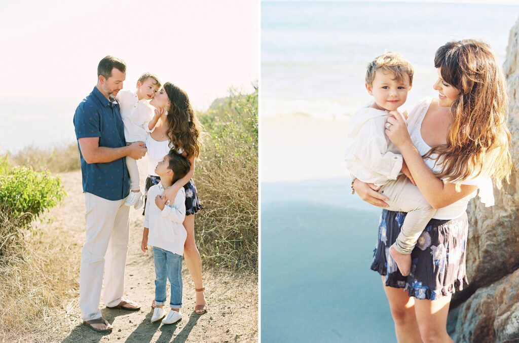 Parents embracing in grassy field wearing complementary earth tone clothing