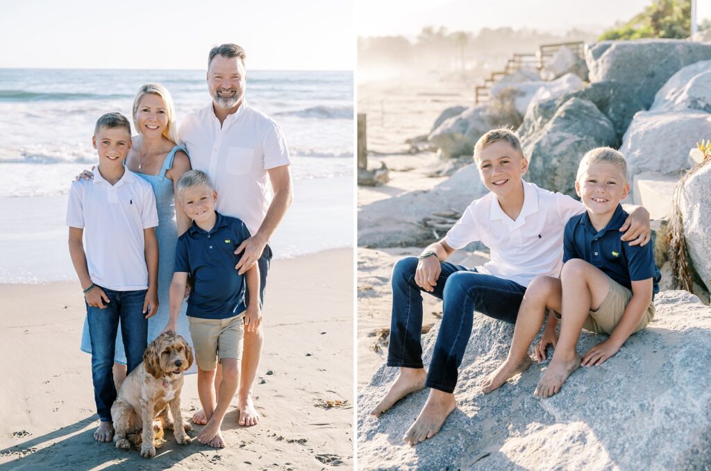 Summer family photo outfits showcasing coordinated blues and whites at the beach with parents and children.