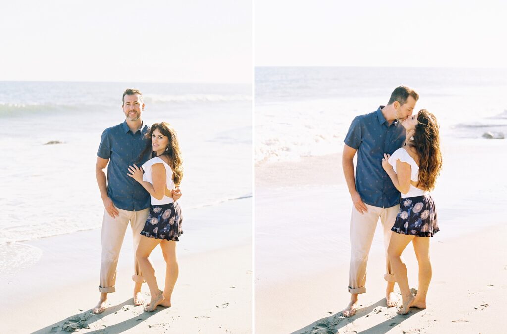 Couple laughing together on Malibu beach during professional family photography session