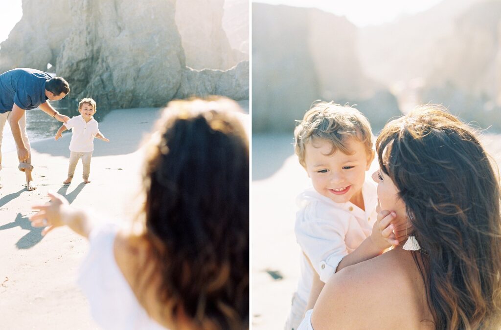 Malibu family photographer captures playful interaction between father and toddler with mother watching on beach