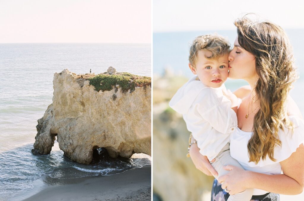 Beautiful Malibu coastline with rock formations and tender mother-child moment during family session