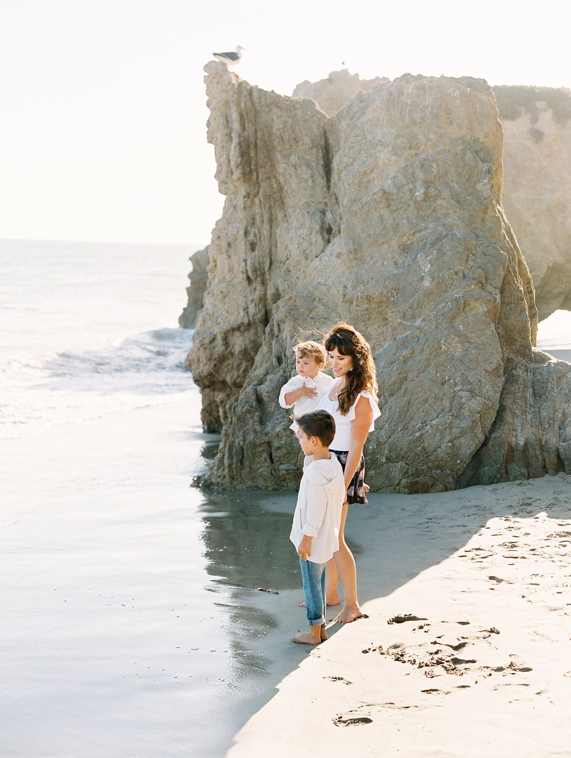 Mother holding children near dramatic Malibu beach cliffs captured by Malibu family photographer Daniele Rose