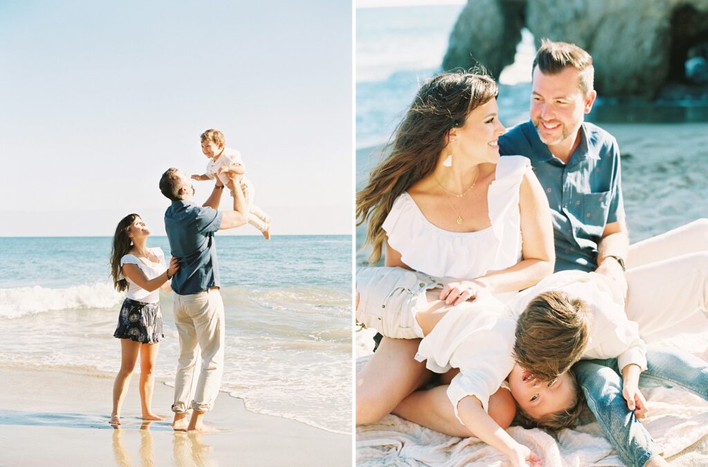 Joyful family playing together on beach during Malibu family photographer session with stunning ocean backdrop