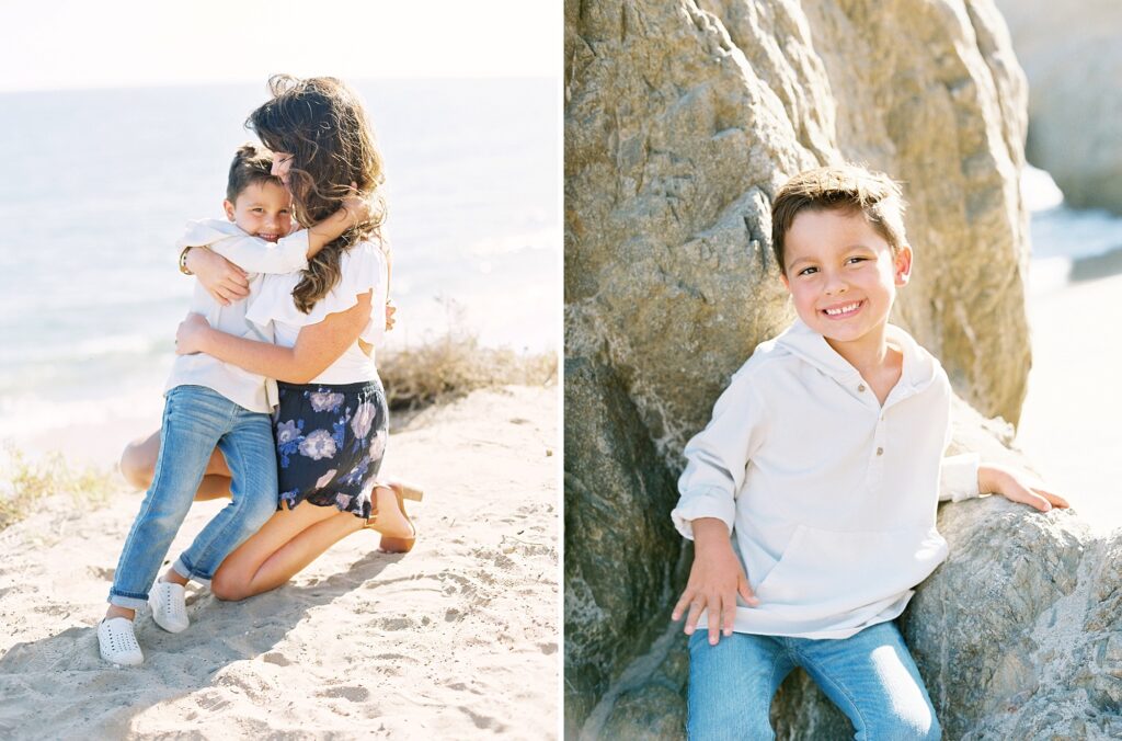 A mother embraces her son and individual child portrait captured by Malibu family photographer in coastal setting