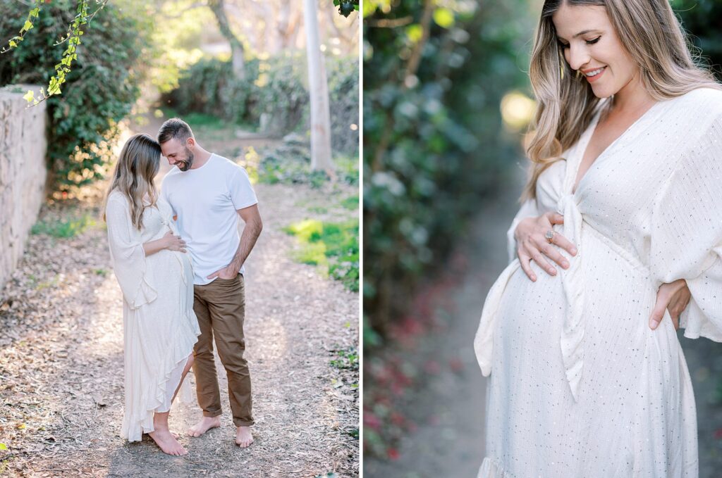 A couple expecting their first baby looks down at the mother's belly during their maternity session with Montecito photographer Daniele Rose