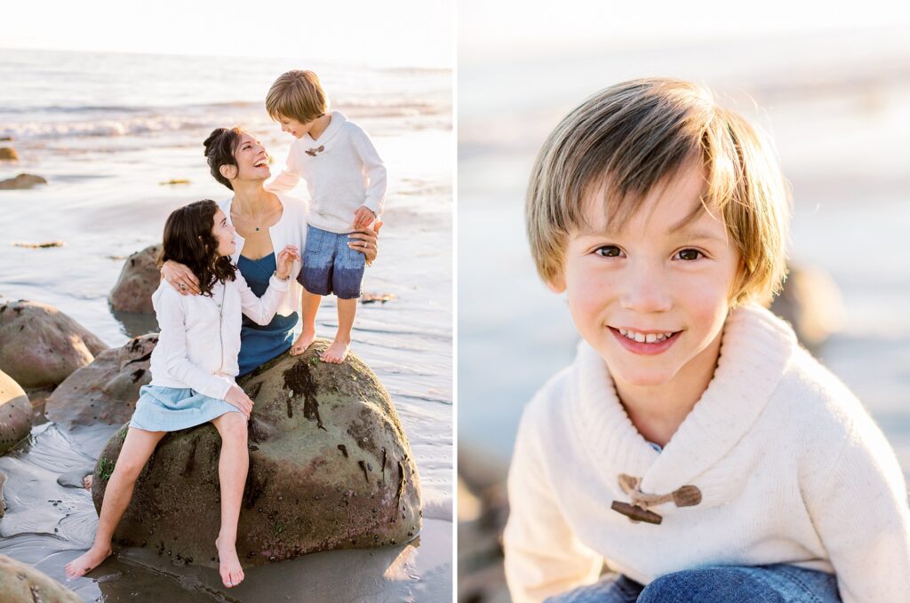 A family plays together at the beach in Montecito during a family portrait session.