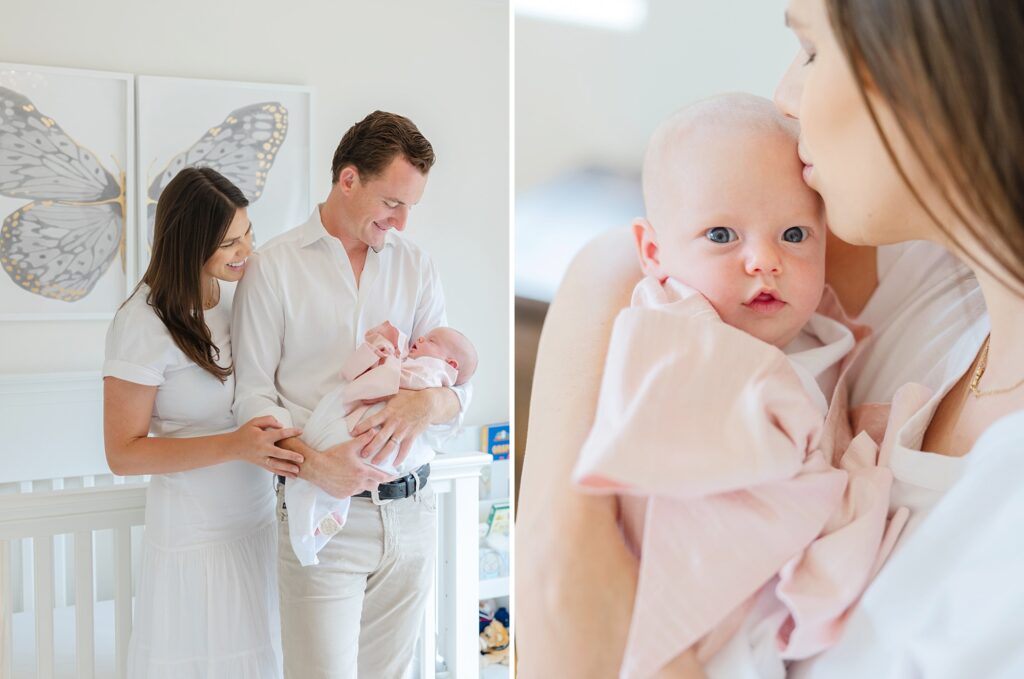 A couple snuggles with their newborn baby girl in her nursery in their home in Montecito.