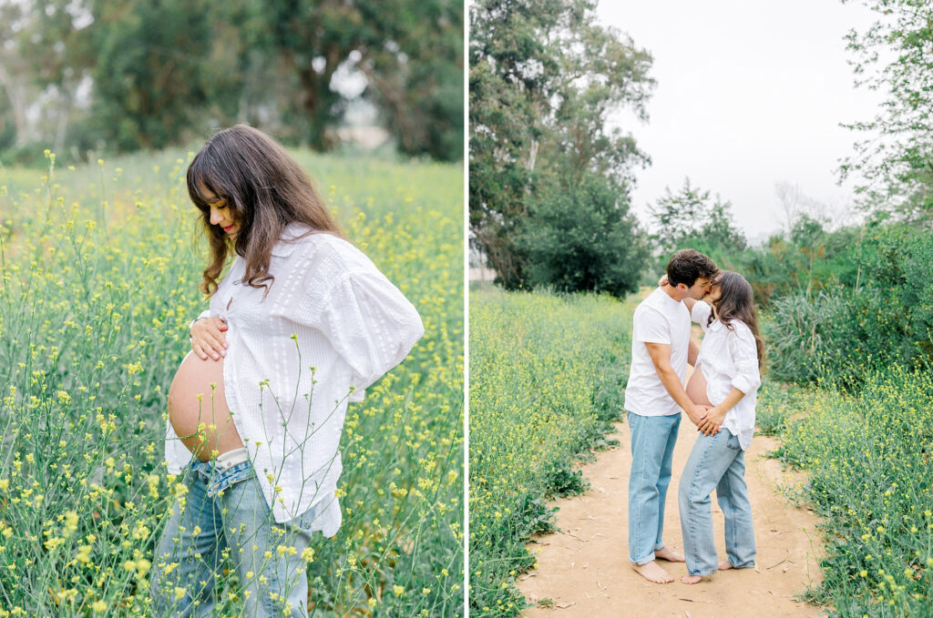Ojai maternity photographer creates romantic portraits of expecting couple in wildflower field during golden hour