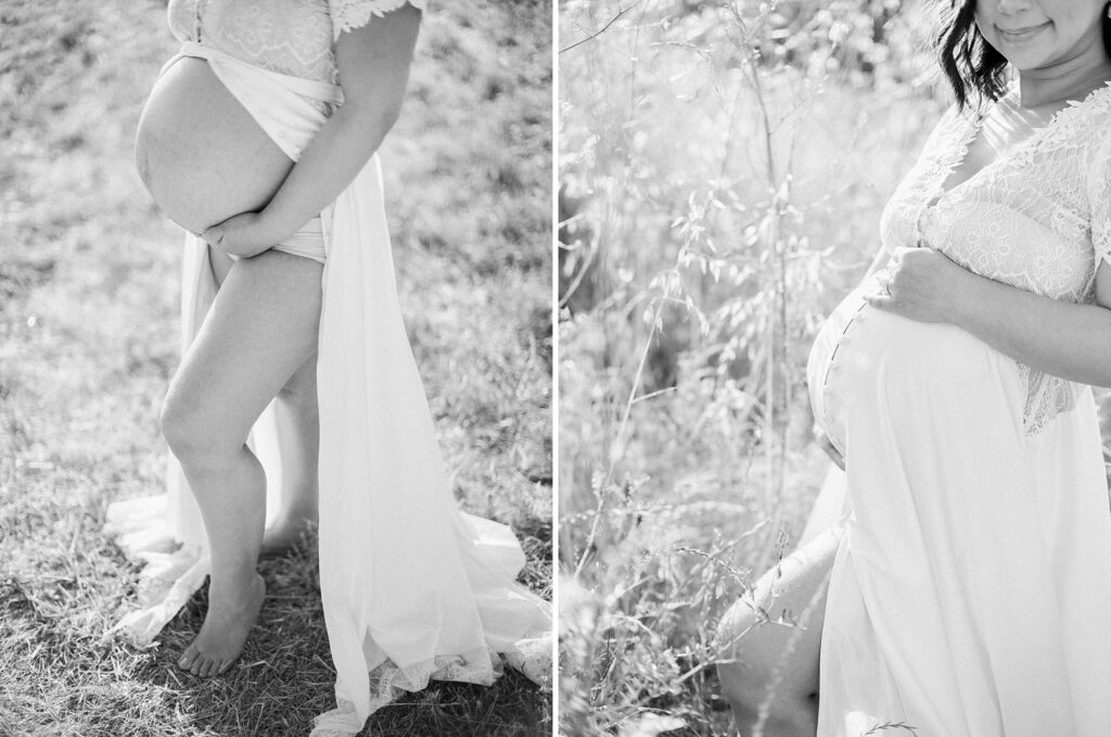 Artistic black and white maternity portraits in Ojai featuring a flowing dress in natural setting