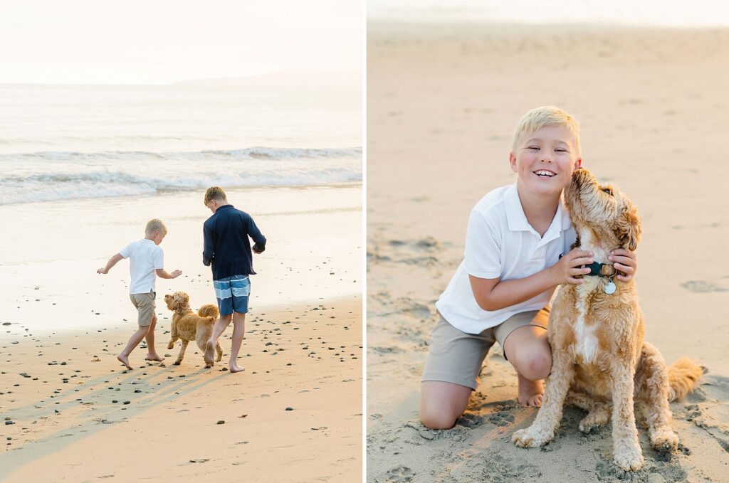 Two boys playing with their dog on the beach during their fall family photos by Daniele Rose.