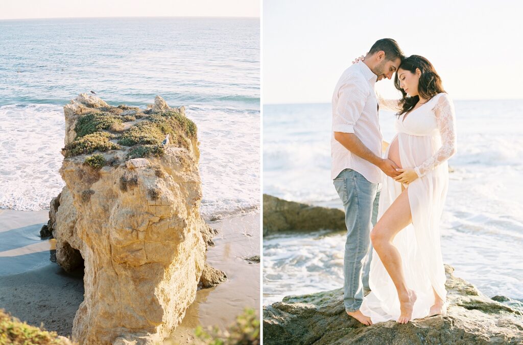 Malibu maternity photographer capturing a natural beach maternity session overlooking the ocean at sunset