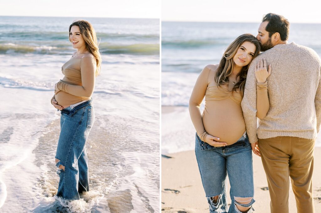 Husband kissing his pregnant wife on the forehead during their Malibu maternity session.