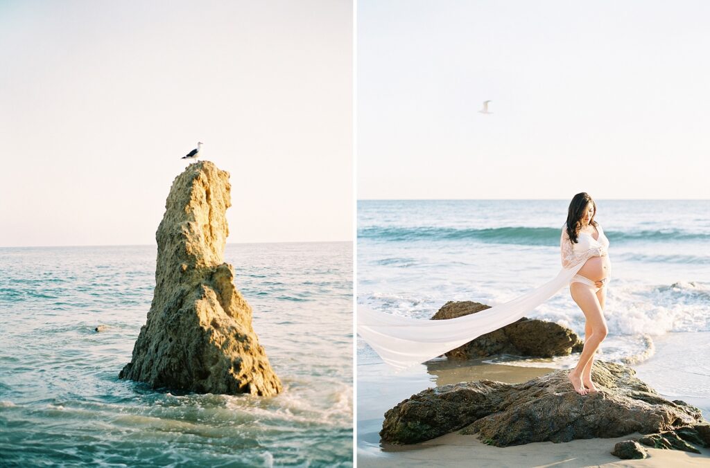 Images of an expectant mother in a white dress during her session with Malibu maternity photographer Daniele Rose at El Matador Beach.