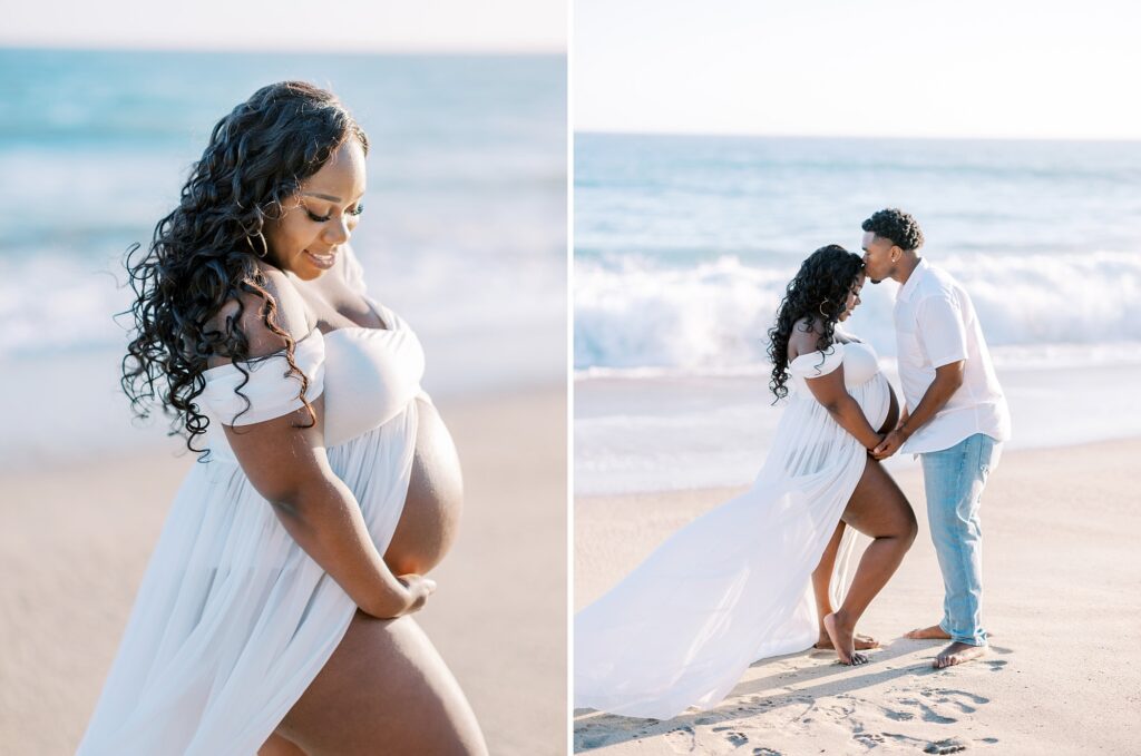 A couple cuddling on the beach in Malibu during their maternity session.