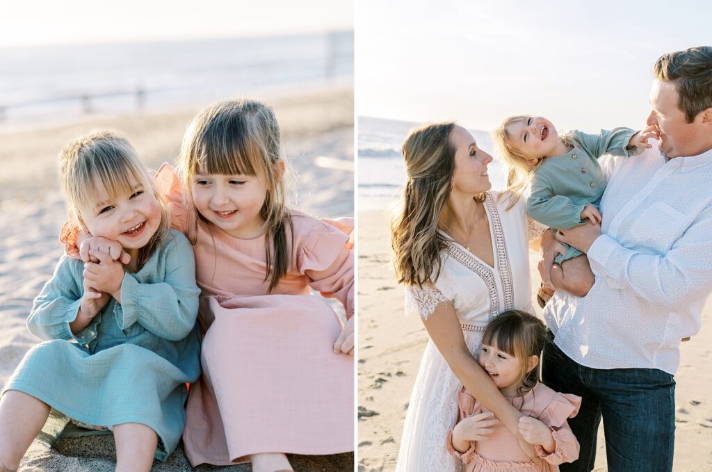 Sisters laughing together and parents holding toddler, showing the variety of candid moments captured during a full family photography session