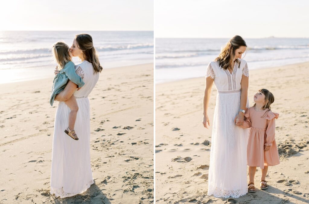 Mother kissing daughter and mother holding hands with older child on beach, showcasing multiple parent-child groupings captured during a Ventura County family session