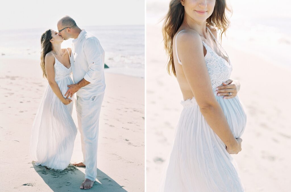 When to take maternity photos of an expecting couple walking together along the beach